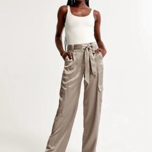 Abercrombie and Fitch Beige Satin Cargo Pants with Tie Belt